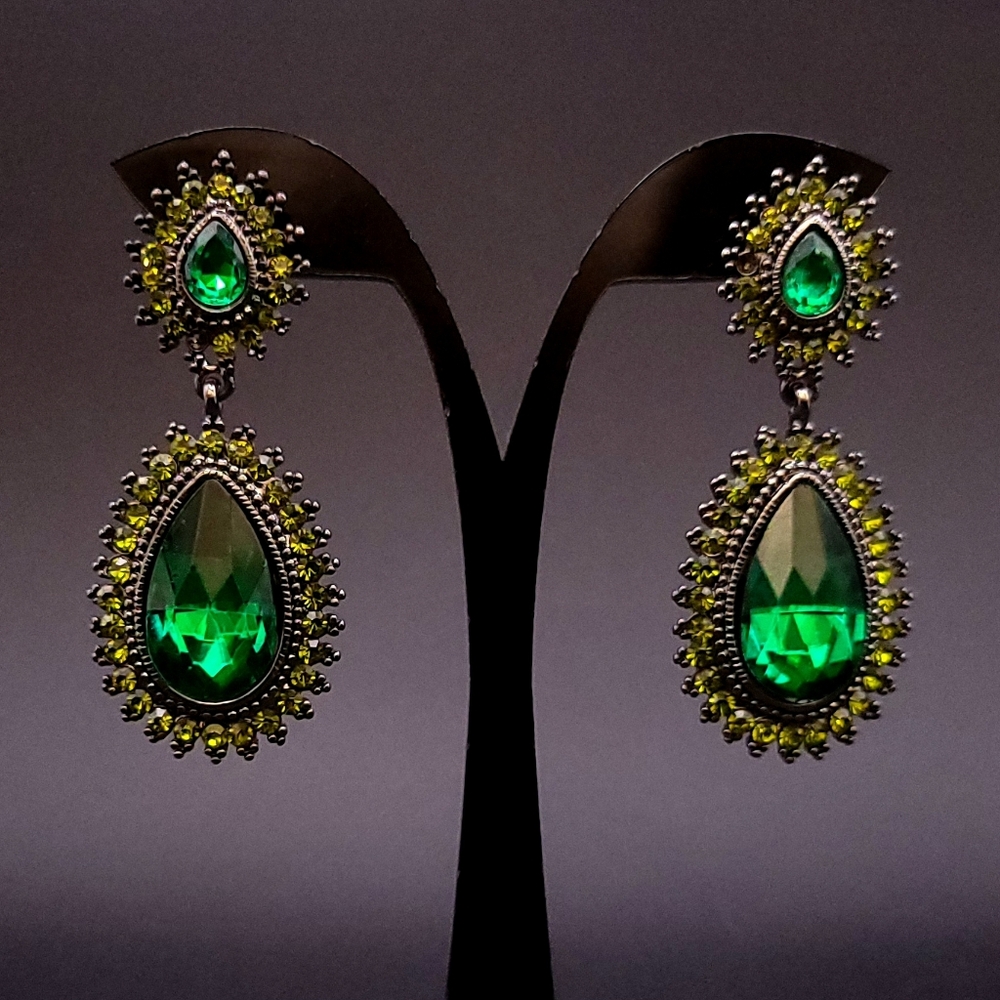 Statement Green Teardrop Rhinestone Dangle Earrin… - image 1
